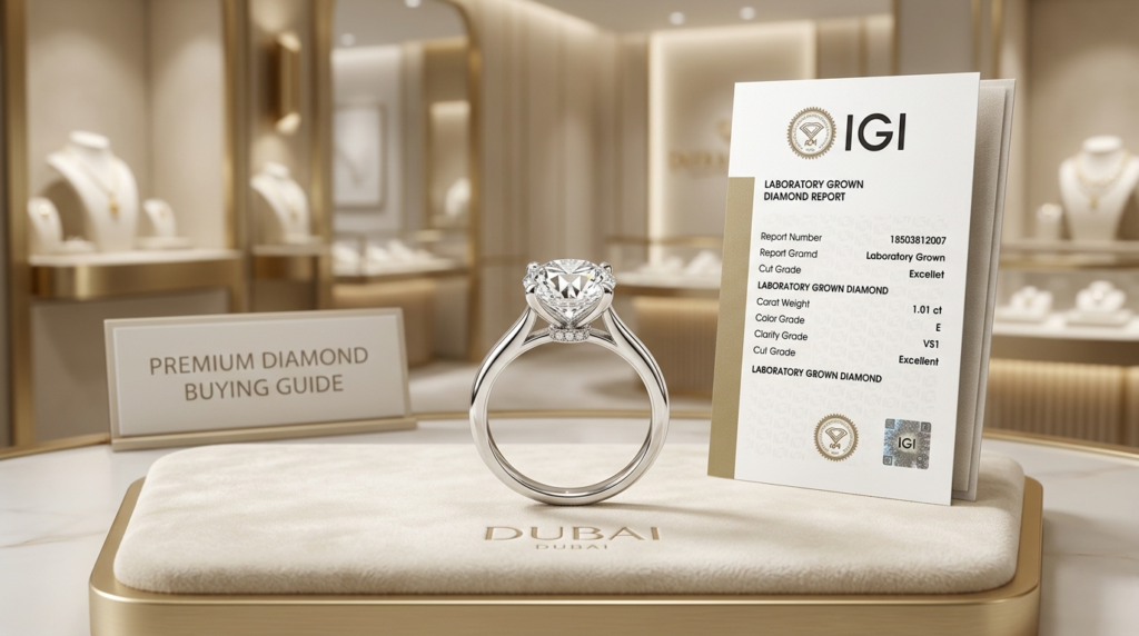 1 carat IGI certified lab grown diamond ring price comparison in Dubai UAE