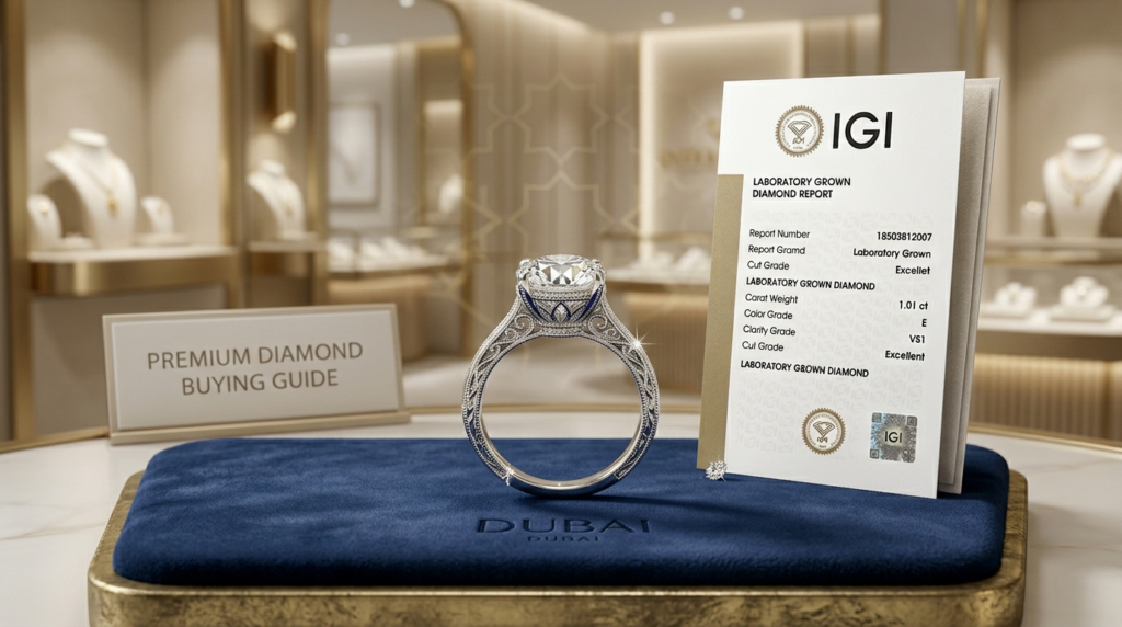 1 carat IGI certified lab grown diamond ring price comparison in Dubai UAE