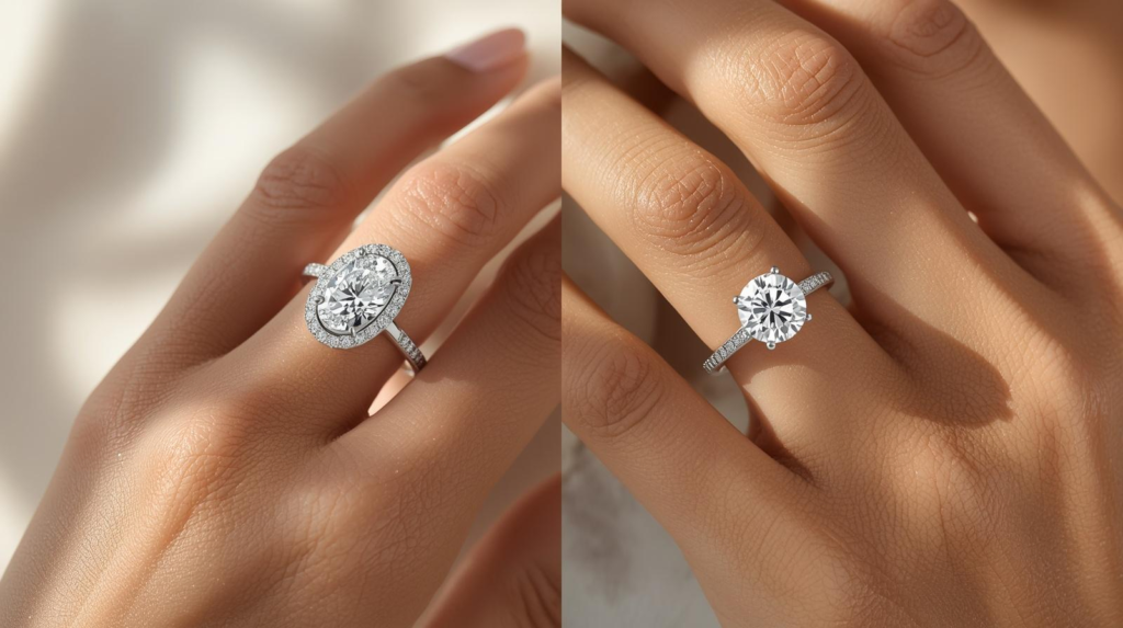 oval vs round diamond size comparison hand