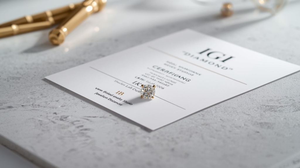 A certified round brilliant-cut lab diamond ring resting on an official gemological grading report certificate at Dubai Jewel Factory workshop.
