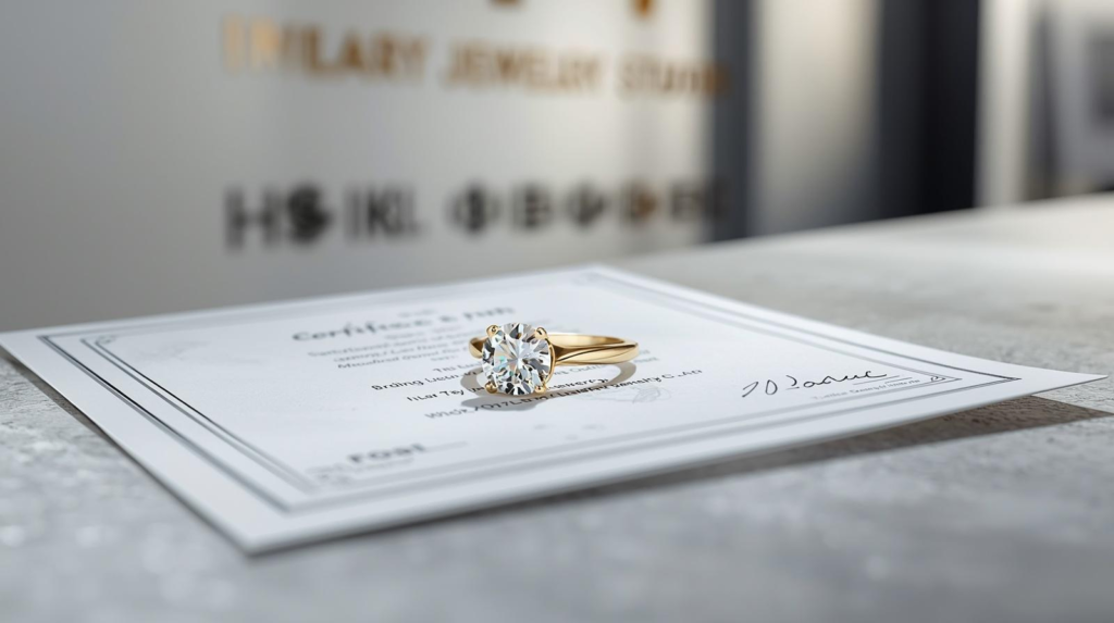 A certified round brilliant-cut lab diamond ring resting on an official gemological grading report certificate at Dubai Jewel Factory workshop.