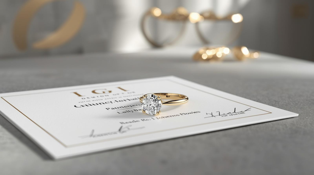 A certified round brilliant-cut lab diamond ring resting on an official gemological grading report certificate at Dubai Jewel Factory workshop.