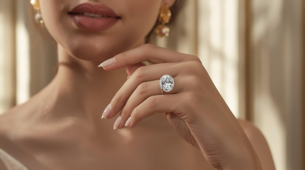 Best Lab Diamond Engagement Rings in Dubai (2026 Guide), IGI certified oval lab diamond engagement ring in 18K white gold by Dubai Jewel Factory, luxury custom engagement ring crafted in Dubai Gold and Diamond Park, UAE bridal jewelry collection.
