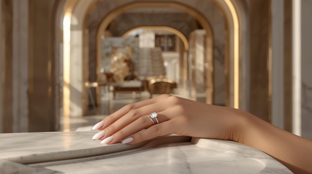 Best Lab Diamond Engagement Rings in Dubai (2026 Guide), IGI certified oval lab diamond engagement ring in 18K white gold by Dubai Jewel Factory, luxury custom engagement ring crafted in Dubai Gold and Diamond Park, UAE bridal jewelry collection.