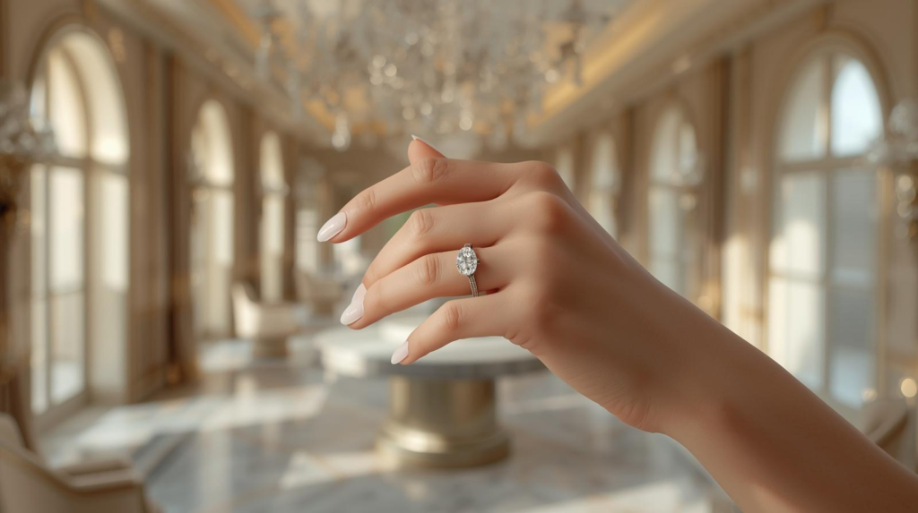 Best Lab Diamond Engagement Rings in Dubai (2026 Guide), IGI certified oval lab diamond engagement ring in 18K white gold by Dubai Jewel Factory, luxury custom engagement ring crafted in Dubai Gold and Diamond Park, UAE bridal jewelry collection.