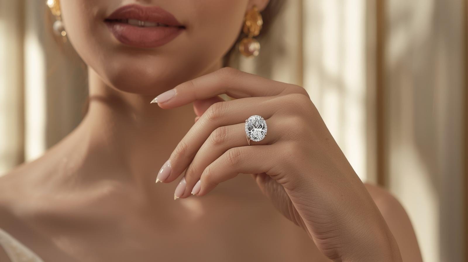 Best Lab Diamond Engagement Rings in Dubai (2026 Guide), IGI certified oval lab diamond engagement ring in 18K white gold by Dubai Jewel Factory, luxury custom engagement ring crafted in Dubai Gold and Diamond Park, UAE bridal jewelry collection.