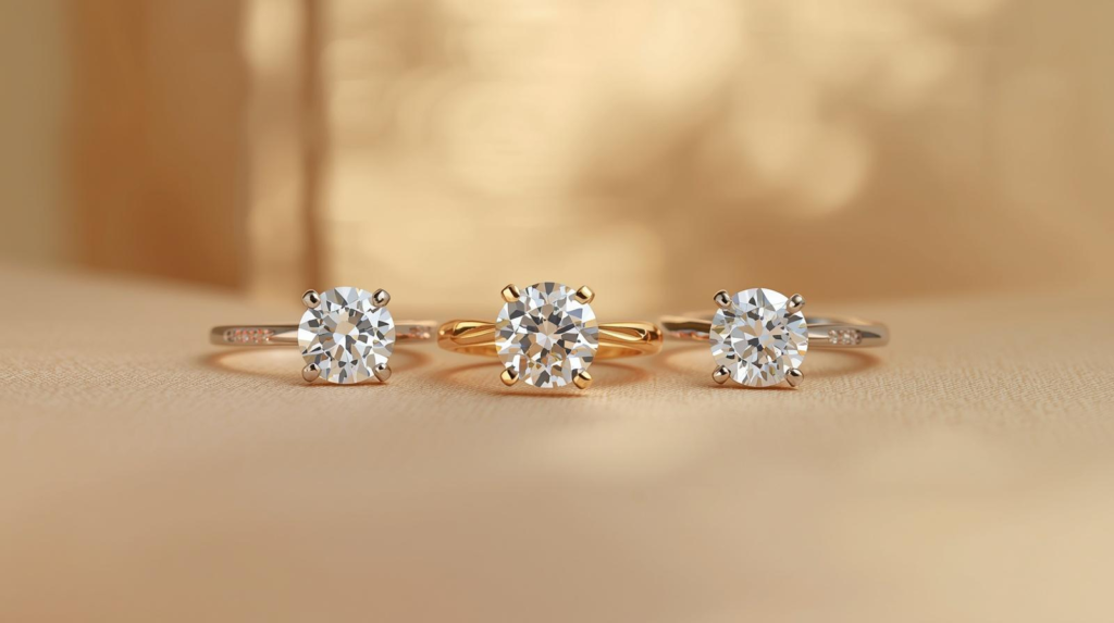 A selection of custom 18K gold diamond engagement rings displaying different budget configurations at the Capri Gold - Dubai Jewel Factory workshop.