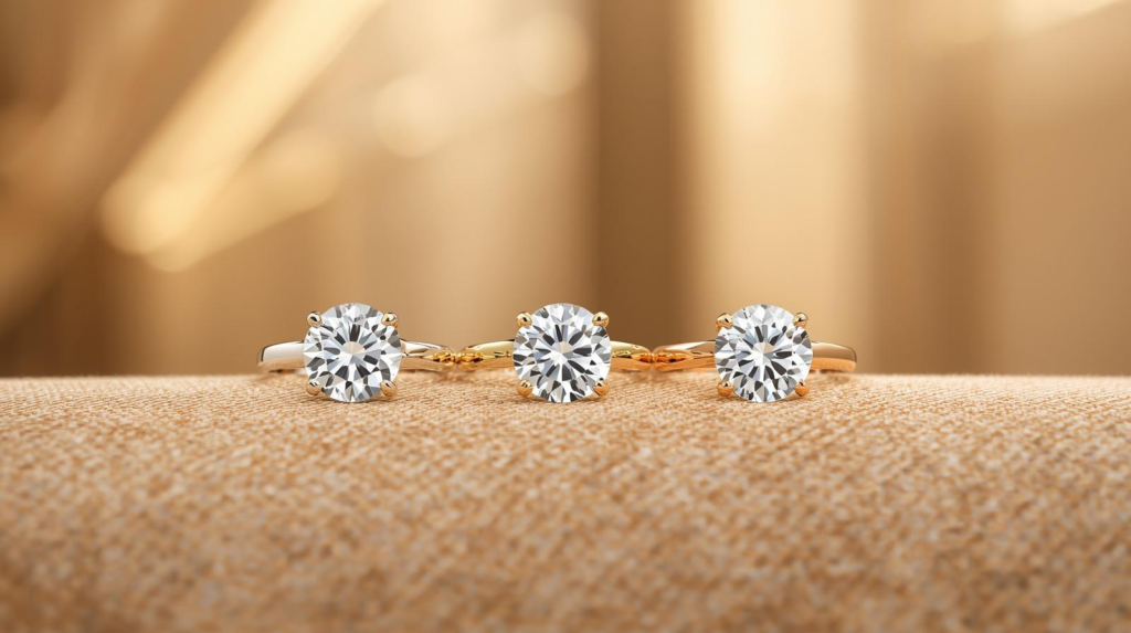 A selection of custom 18K gold diamond engagement rings displaying different budget configurations at the Capri Gold - Dubai Jewel Factory workshop.