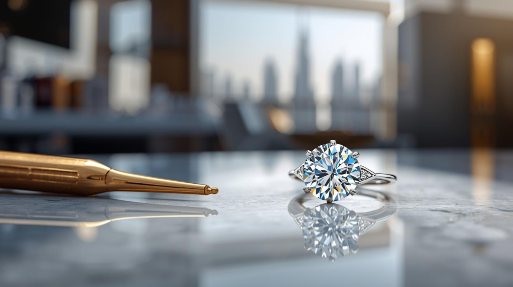 Certified IGI lab-grown diamond engagement ring displayed in Dubai Jewel Factory workshop at Gold and Diamond Park Dubai featuring round brilliant diamond, bespoke jewelry craftsmanship, luxury UAE engagement jewelry.