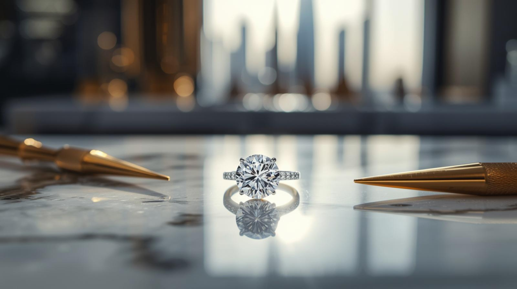 Certified IGI lab-grown diamond engagement ring displayed in Dubai Jewel Factory workshop at Gold and Diamond Park Dubai featuring round brilliant diamond, bespoke jewelry craftsmanship, luxury UAE engagement jewelry.