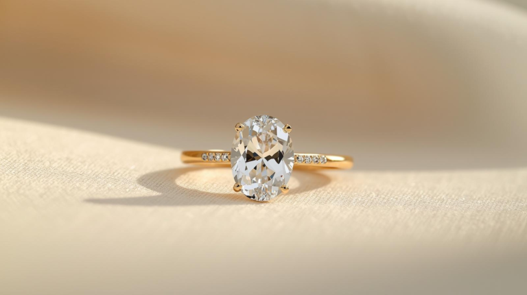 Luxury 18K yellow gold oval cut engagement ring with hidden halo setting crafted by Dubai Jewel Factory