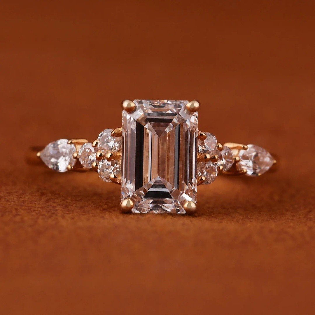 5 CT emerald cut IGI certified lab-grown diamond engagement ring in 14K yellow gold handcrafted in Dubai